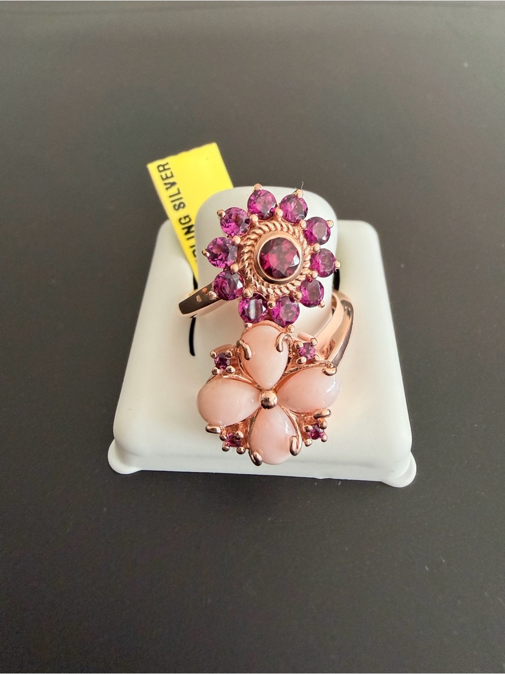 Genuine Pink Opal & Rhodolite Floral Ring in 925 Sterling Silver